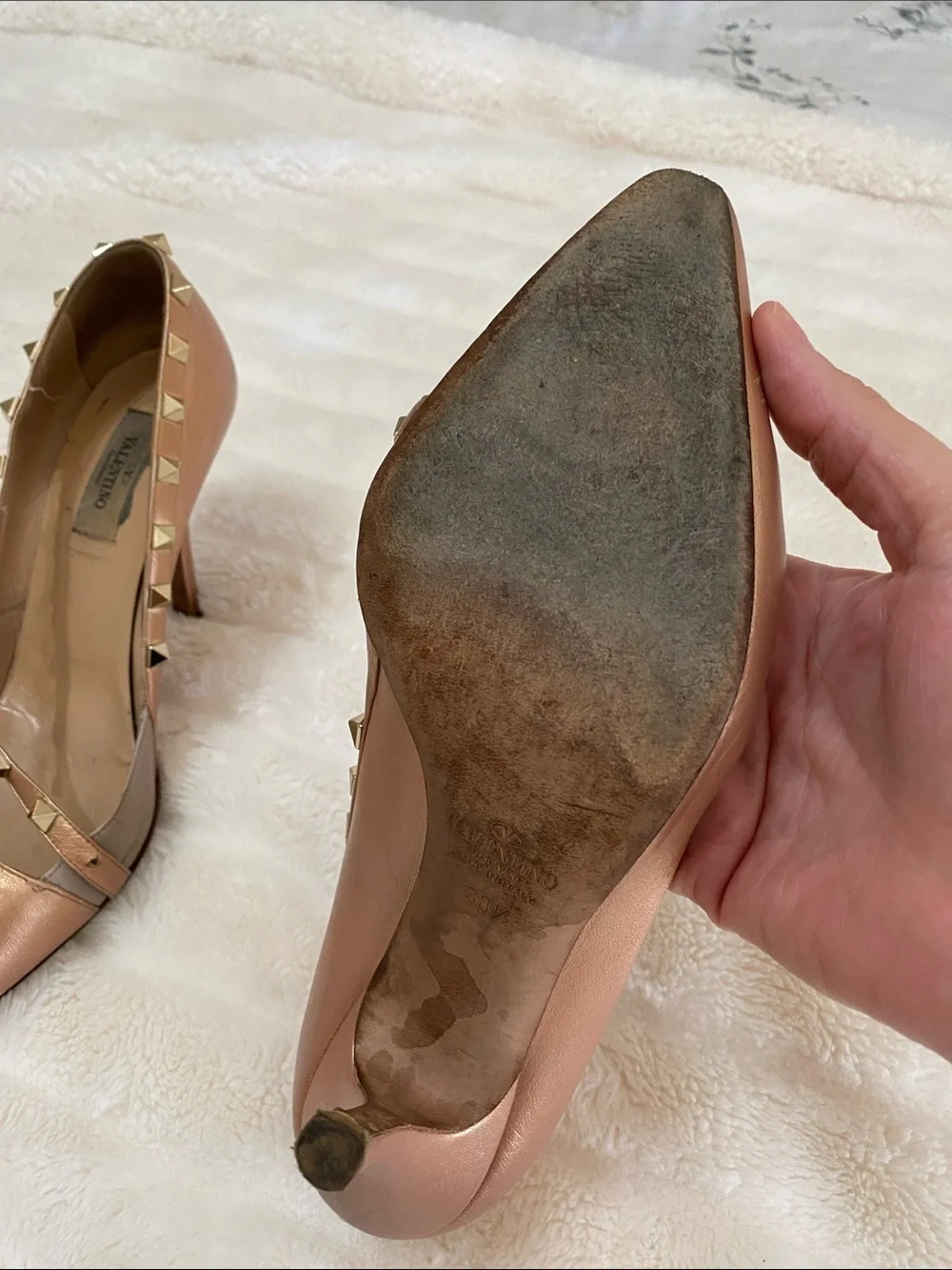 Valentino Metallic Rose Gold Pyramid-Stud Pointed heels